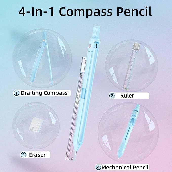 Cute Mechanical Pencil, Metal Grip, Refillable for School Supplies Kid Student Writing, Drafting Drawing Sketching, Mechanical Pencils Set with Lead Refills & Compass & Ruler & Eraser (White,1-PACK)