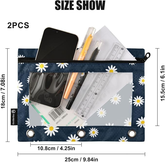 Gredecor Binder Pencil Pouch 3 Ring Navy Blue Flower Daisy Zipper Pencil Pouches Case 2 Pack Clear Binder Organizer for School Office