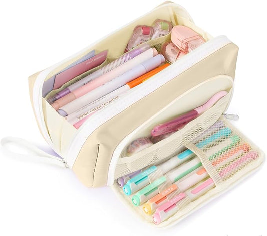 Sooez Big Capacity Pencil Case, Extra Large Pencil Pouch with Zipper Pocket | Wide Opening Pencil Bag, Portable Stationery Pouch, Cute School Office Supplies for Teens Girls Adults, Beige