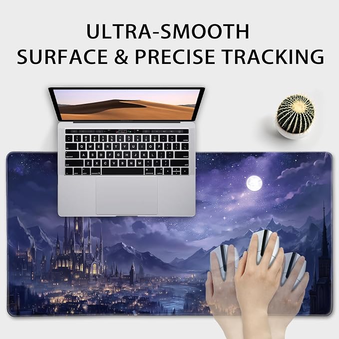 Fantasy Castle Night Scene Large Gaming Mouse Pad 31.5"x15.7"｜XXL Desk Mat, Non-Slip Rubber Base & Stitched Edges - Extended Waterproof Mousepad for PC/Laptop/Office/Home Decor