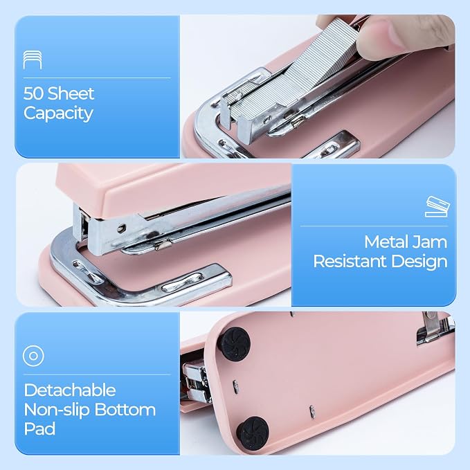 M&G Desktop Stapler Swing-Arm Stapler with 50 Sheet Capacity, 180 Rotation Design, Swivel Stapler with 1000 Staples for Booklet Binding, Durable Staplers for Office School Home (Pink)