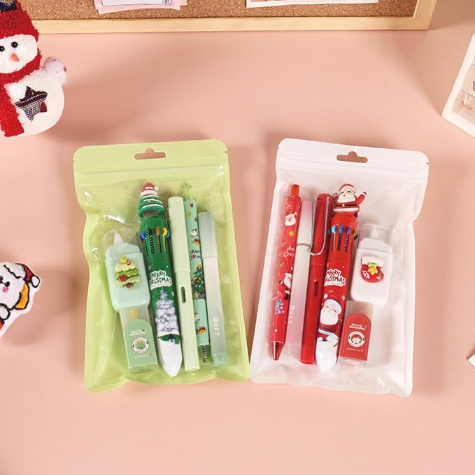 MOZXIRZ 6 Pcs Cute Christmas Stationery Set for Girls Boys Women Men Xmas School Supplies Office Supplies Including Gel Ink Pens Ballpoint Pens Pencil Eraser Christmas Gift (Xmas-Red)