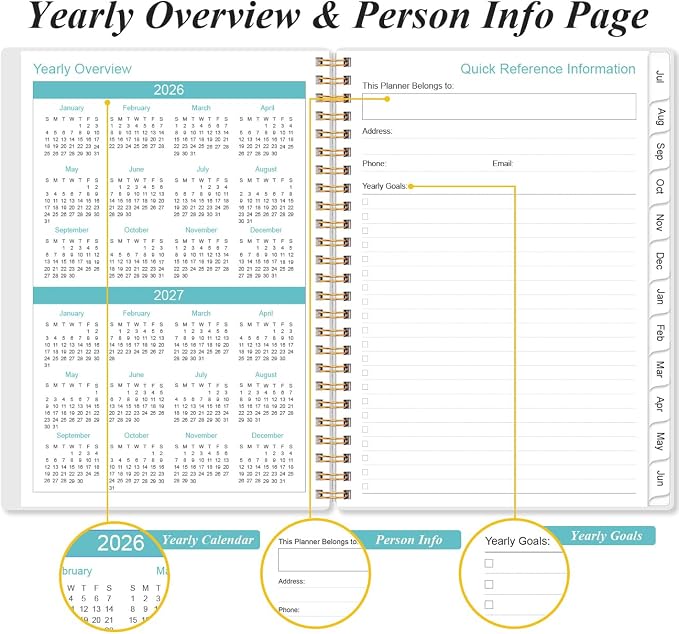 2026-2027 Planner - Planner 2026-2027 from July 2026 - June 2027, Weekly & Monthly Planner Spiral Bound with 12 Monthly Tabs, Inner Pocket, 6.4" x 8.5", Blue Flower