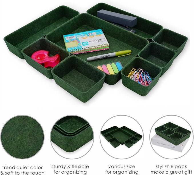 Welaxy Desk drawer organizer bins shallow trays felt storage desktop box for jewelry watches office supplies makeup small key holder minimalism 8-piece (Forest Green)
