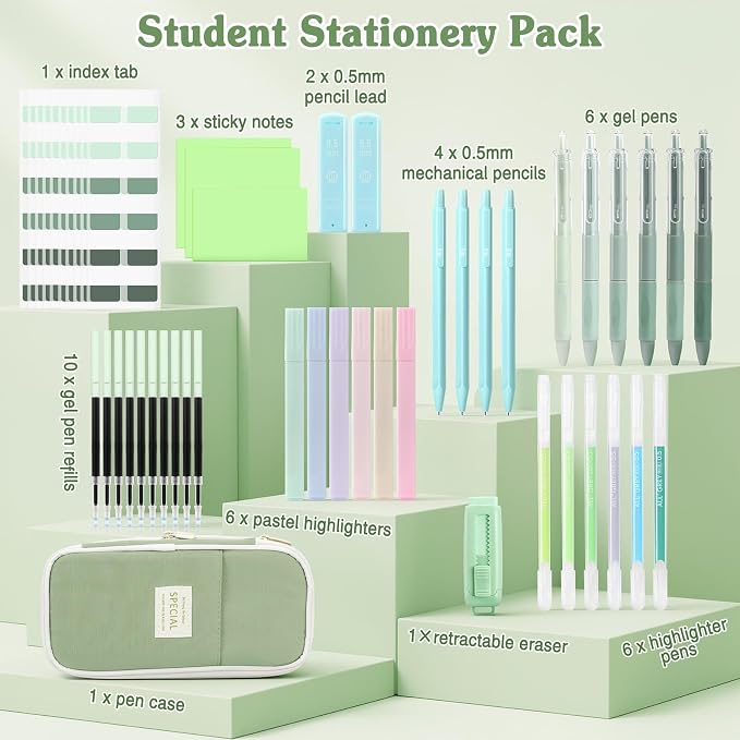 MoKo Pencil Case with Supplies, 49Pcs Aesthetic School Set, Green | Includes gel pens, highlighters, 0.5 mm mechanical pencils and refills, an eraser, sticky notes and index tabs.