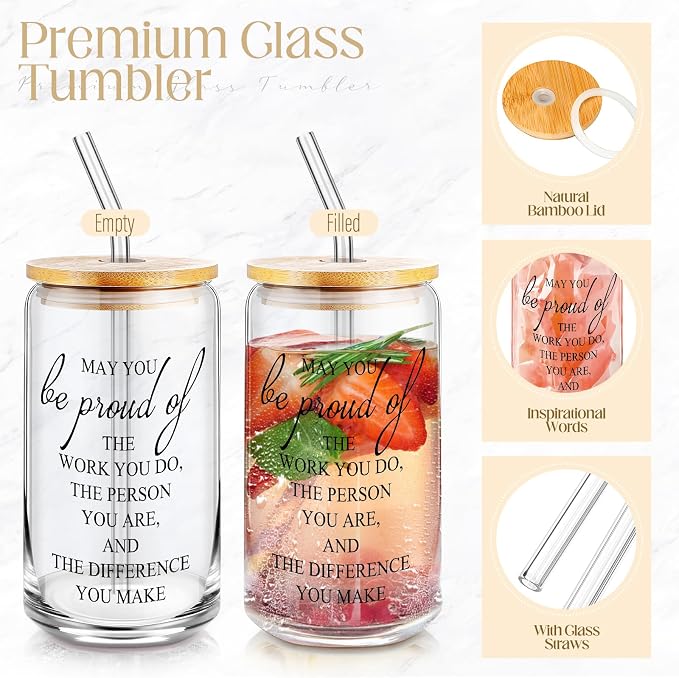 Funnymoom 6 Pcs Appreciation Gifts Set for Women Back to School Teacher Gifts Employee Thank You Gift with 17 oz Glass Tumbler Journal Pens and Pouch for Coworkers Educators,Marble,Pink