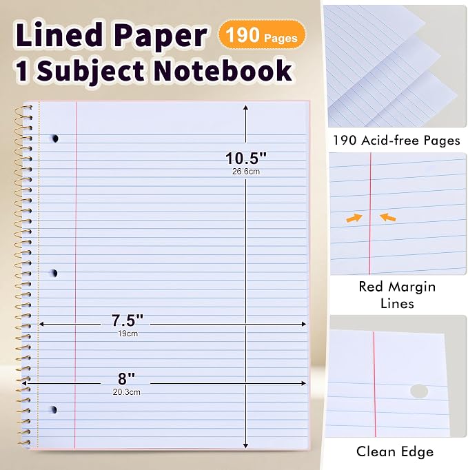 MUAHLIUB Spiral Notebook College Ruled Paper 8" x 10-1/2", 1 Subject Spiral Notebook, 3-Hole Punched Perforated Pages Ideal for School, Office, Writing, 95 Sheets Lined Journaling Notebook, Pink