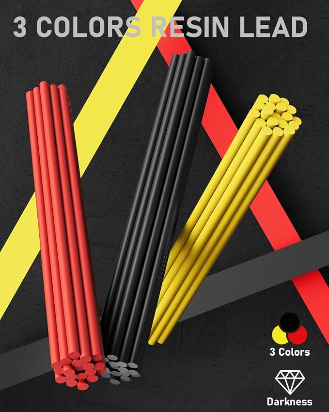 Four Candies 3PCS 1.3mm Metal Mechanical Pencil Set with Case (Yellow) | 72 Refills (Red,Black,Yellow), 3 Erasers, 16 Eraser Refills, Weatherproof Body for Construction Outdoor Woodworking Marking