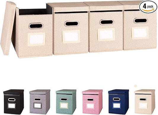 4 Pack Hanging File Folders Organizer with Lid, Letter Size Fabric File Storage Box Collapsible, Portable Office Document Holder with Metal Handle, Smooth PVC Rails, Beige