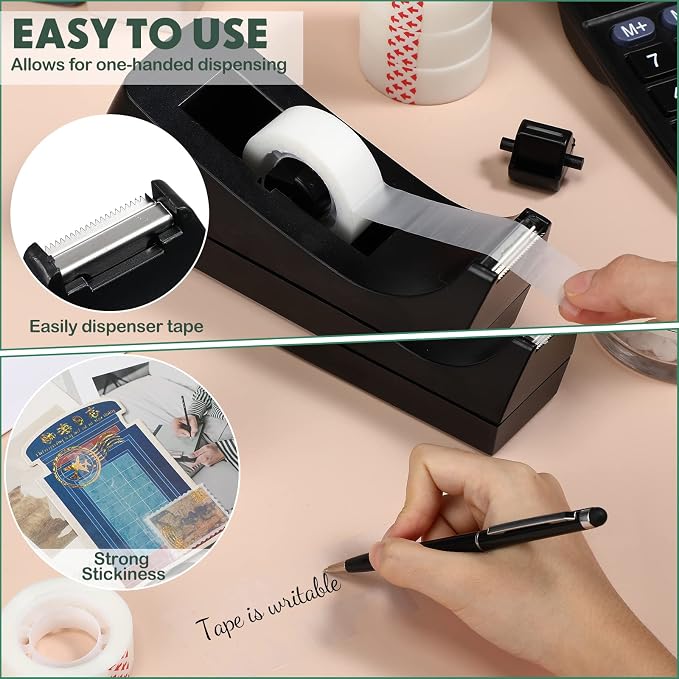 Yahenda 10 Pack Desktop Tape Dispenser Non Skid Base with Transparent Invisible Tape and Replacement Cores for Wrapping Home Office Supplies