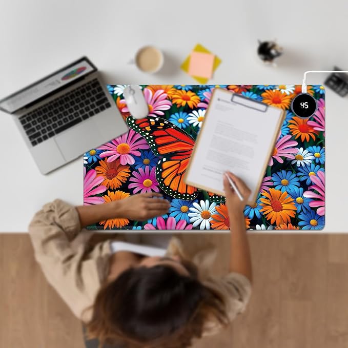 Heated Desk Pad Large Mouse Pad 23.6 x 14.1 inch with 3 Levels Heating & Auto Shut-Off Warm Mouse pad PU Leather Computer Mousepad for Home Office Work - Colorful Flowers and Butterflies
