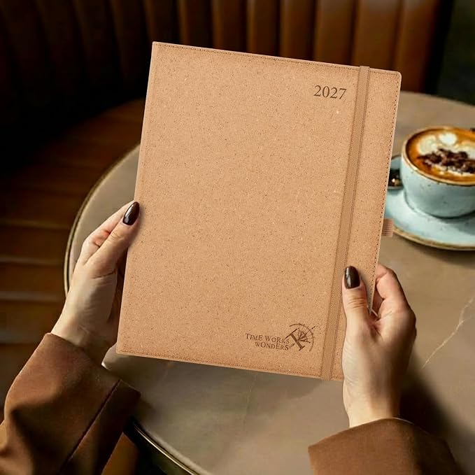 POPRUN 2027 Planner Weekly and Monthly, 8.5" x 10.5" Recycled Paper Calendar, Jan 2027- Dec 2027 Agenda, Daily Appointment Book with Hourly Time Slots, Monthly Tabs, Hardcover, 100 GSM - Desert Brown