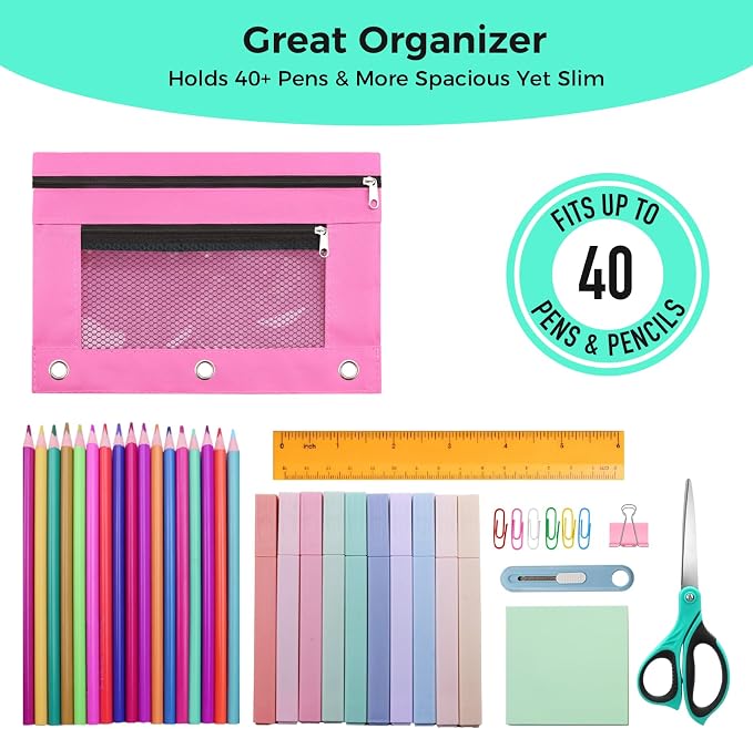 Pencil Pouch for 3 Ring Binder, Pencil Case with Zipper, 600D Fabric Pencil Pouch Bag Holder Accessories, Clear Window Pencil Case Aesthetic Back to School Organizer Pockets for Boy Girl (Pink)
