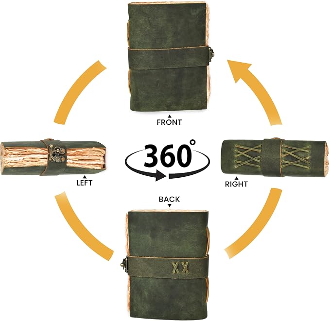 LEATHER VILLAGE Leather Bound Vintage Journal for Women & Men - Book of Shadows - Lock Closure - 200 Pages of Antique Deckle Edges Handmade Watercolor Paper - Green - 7X5 inches