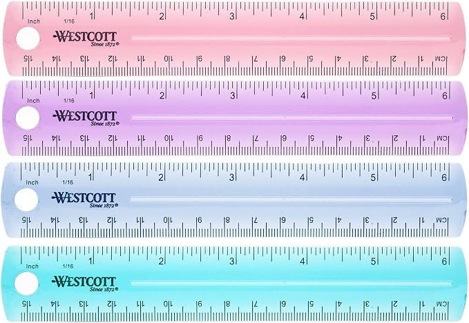 Westcott 6-Inch Plastic Ruler, Assorted Colors, 2-Pack