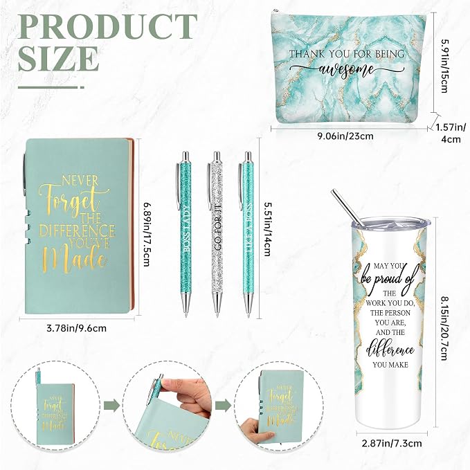 Domensi 6 Pcs Employee Appreciation Gift Set for Women Female Thank You Gift May You Be Proud 20 oz Rustic Marble Sign Tumbler Makeup Bag Journal for Boss Teacher Work Business(Green)