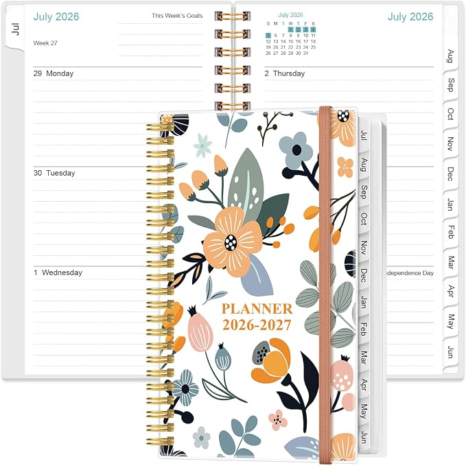 2026-2027 Pocket Planner/Calendar - 2026-2027 Planner from July 2026 - June 2027, Planner 26-27 with 12 Tabs, Twin-Wire Binding, Inner Pocket, 3.75" x 6.75, Rose Flower
