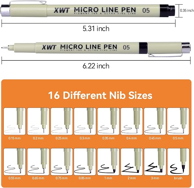 16pcs Fineliner Micro Drawing Art Pens, Black Waterproof Pigment Ink Set for Artists, Sketching, Manga, Watercolor, Calligraphy, and Detail Outlining Archival Quality Inking Markers