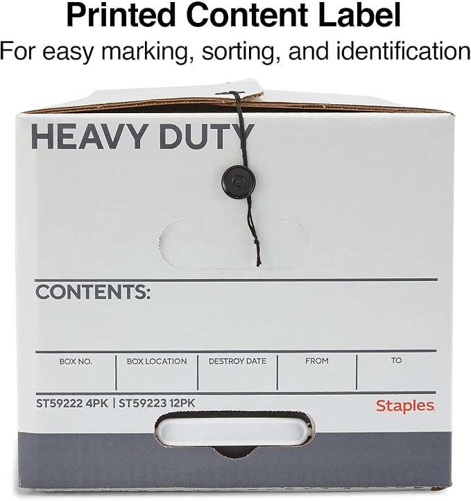 STAPLES Storage & Filing Box, Heavy-Duty with Handles & String-Button Lid, Letter Size Documents, Stackable, 4-Pack, White/Gray