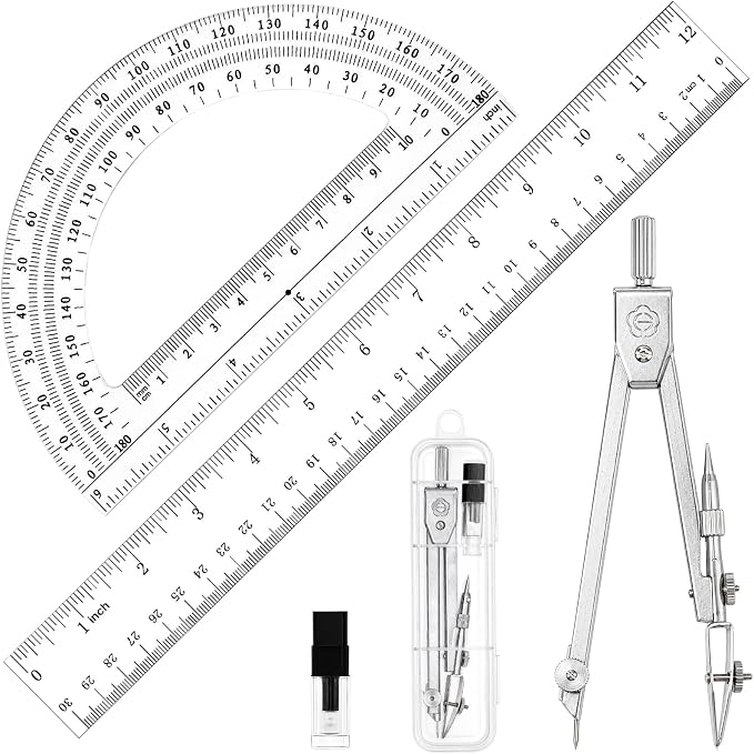 Coopay 3 Pcs Plastic 12 Inch Ruler, Clear Protractor and Compasses Set | Clear Ruler, Protractor and Compass set, Geometry, Durable, Drawing, Measuring, Math, Art, Classroom, School, Student