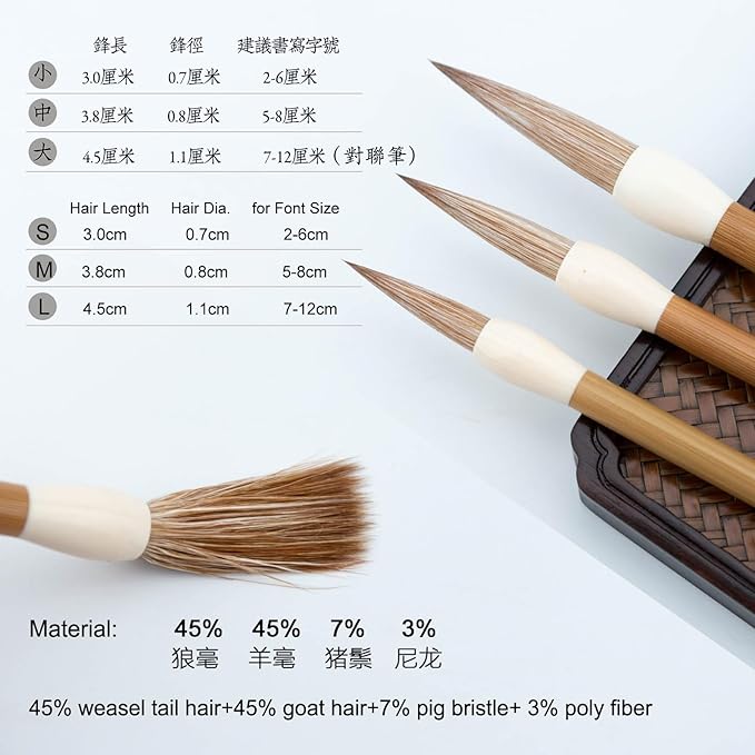 Chinese Calligraphy Brush, Weasel Hair Chinese Brushes, Calligraphy Sumi Brush for font 5-8cm, Seal/Clerical/Regular/Running/Cursive Script, Japanese Kanji. QingYi Medium 1pc