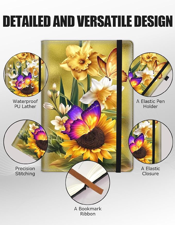 Hardcover Executive Notebooks, A5 PU Leather Lined Journal Notebook, 200 Pages Thick Paper Subject Notebooks for School,Work,Home Writing Business Notebook, Diary Book ，Sunflower Butterfly