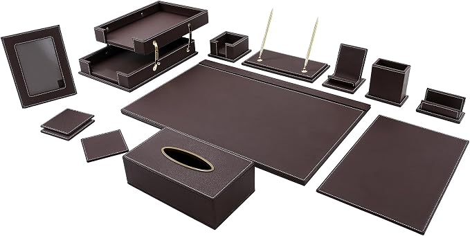 Leather Desk Set, 13-Piece All-in-One – Executive Desk Accessories & Office Supplies,Desk Organizer with Desk Pad & Blotter, 2-Tier Letter Tray, Luxury Office Desk Decor & Boss Gifts (Brown)
