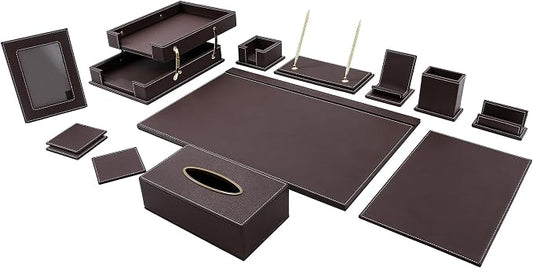 Leather Desk Set, 13-Piece All-in-One – Executive Desk Accessories & Office Supplies,Desk Organizer with Desk Pad & Blotter, 2-Tier Letter Tray, Luxury Office Desk Decor & Boss Gifts (Brown)