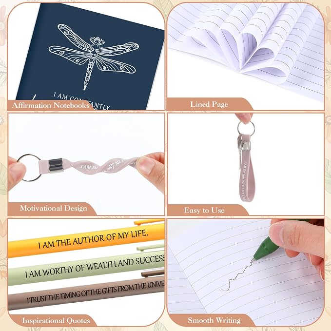 Mooliwe 12 Set Positive Affirmation Gift Set Gratitude Notebooks with Pens Keychains Small Bags Motivational Party Favors for Adult Women Coworkers Employee Group (Flower)