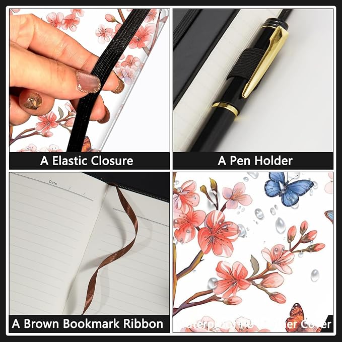 A5 Leather Lined Journal Notebook, 200 Pages Hardcover Executive Notebook for Office School Note Taking, Thick Writing Paper Daily Journal with Bookmarks/Indexes, Cherry Blossoms and Butterflies