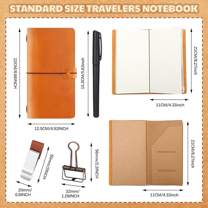 Thenshop Travelers Refillable Leather Journal Notebook Travel Diary Handmade Passport Travelers Journal for Men and Women with 3 Notebook Inserts, Pen Holder, Binder Clip(Orange,Stand Size)