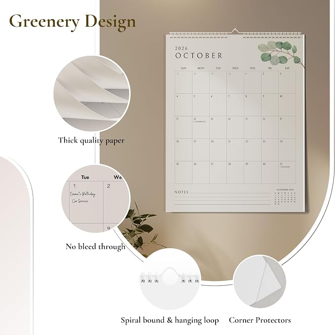Vertical Greenery Wall Calendar 2026-2027, 18 Months Calendar for Wall (January 2026 to June 2027) 11x13.5 Inches Calendar with Spiral Twin-Wire Binding