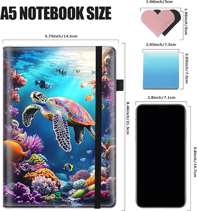 Hardcover Executive Notebooks, A5 PU Leather Lined Journal Notebook, 200 Pages Thick Paper Subject Notebooks for School,Work,Home Writing Business Notebook, Diary Book ，Sea Turtle Ocean 2