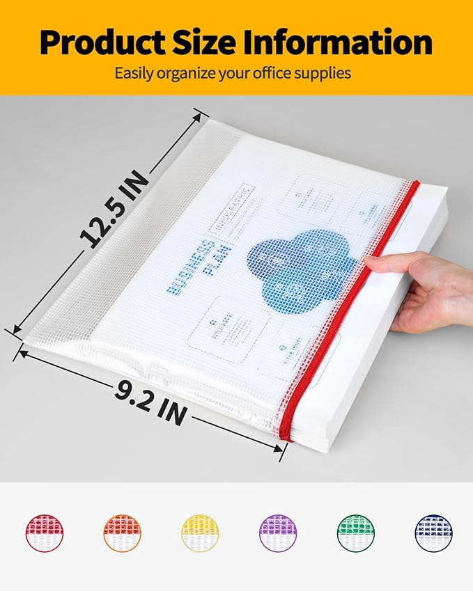 SUNEE Plastic Mesh Zipper Pouch 9.2x12.5 in (6 Colors, 12 Packs),Extra Large Water-Resistant Zip Bag for School Office Supplies, Puzzles & Games Organizing Storage