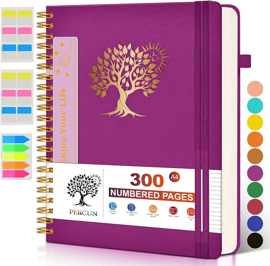 PERCUN Spiral Notebook 300 Numbered Lined Pages Hardcover Journal 8.5"x11" | College Ruled Spiral Bound Notebook with Tabs, A4 Large Leather Journal for Women Men, Work, School, Writing & Note Taking