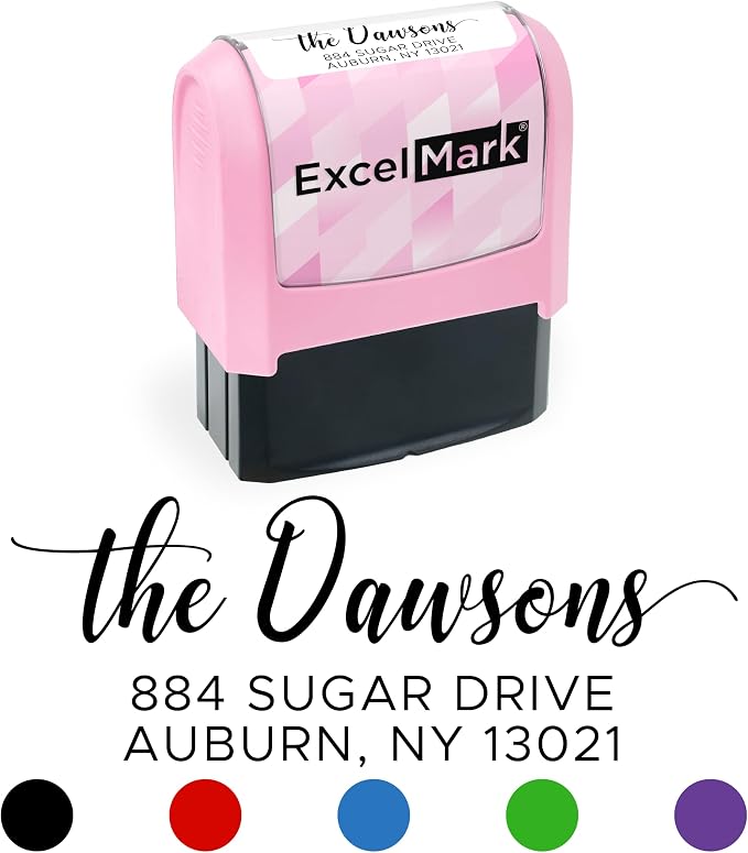 ExcelMark Address Stamp - Custom Return Address Stamp with Elegant Designs, Vibrant Colors & Patterns – Perfect for Mail, Invitations & Gifts (Pink, Signature Script)