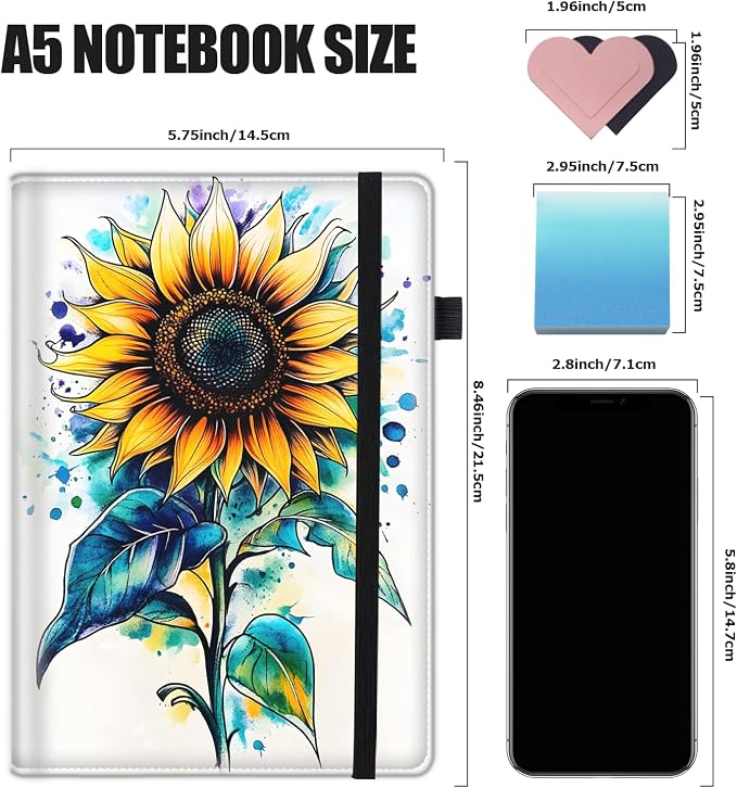 Hardcover Executive Notebooks, A5 PU Leather Lined Journal Notebook, 200 Pages Thick Paper Subject Notebooks for School,Work,Home Writing Business Notebook, Diary Book ，Watercolor Sunflower