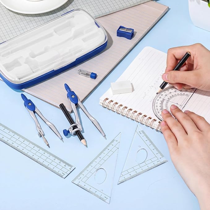 Zonon Math Geometry Set for Students 10 Pcs Compass Geometry Tools Kit Includes Protractor Compass Lead Refills Rulers Pencil Sharpener Eraser Pencil Storage Box for Drafting and Drawings(Dark Blue)