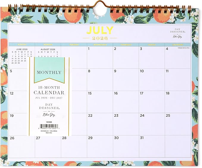 Blue Sky 2026-2027 Monthly Academic Wall Calendar, 11"x8.75" Orange Blossom | July 2026 - December 2027, Durable Twin Wire Binding, Colorful Interior, For Home, Office And Classroom, Day Designer