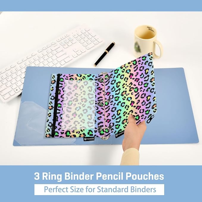 Gredecor Binder Pencil Pouch 3 Ring Neon Gradient Leopard Spots Zipper Pencil Pouches Case 2 Pack Clear Binder Organizer for School Office