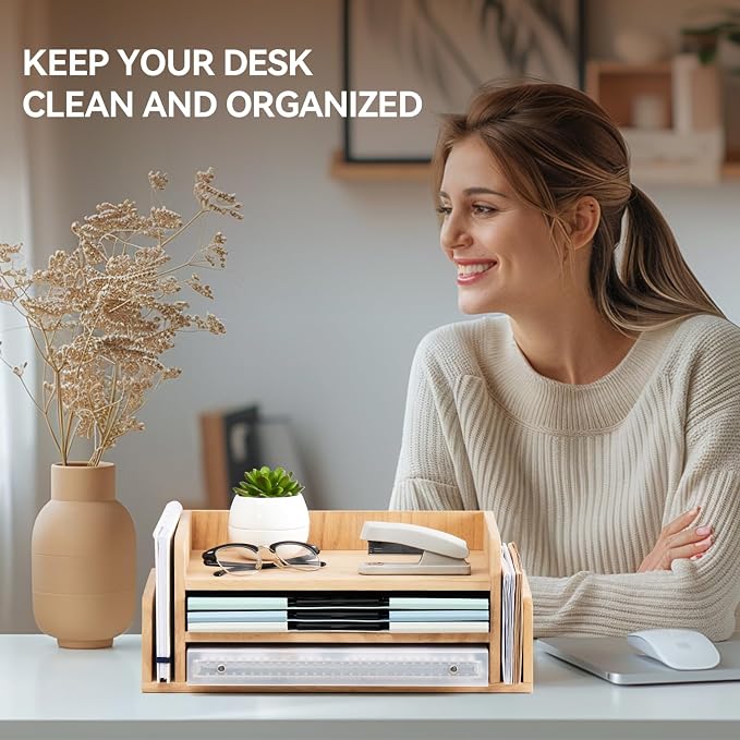KIRIGEN Wood Desk Organizer, 5-Tray Letter Tray and Mail Sorter Natural 2TP | Solid Wood 3-Tier Desktop Organizer with 5 Storage Areas for Mail, Folders, Letter Paper and Office Supplies, Fully Assembled