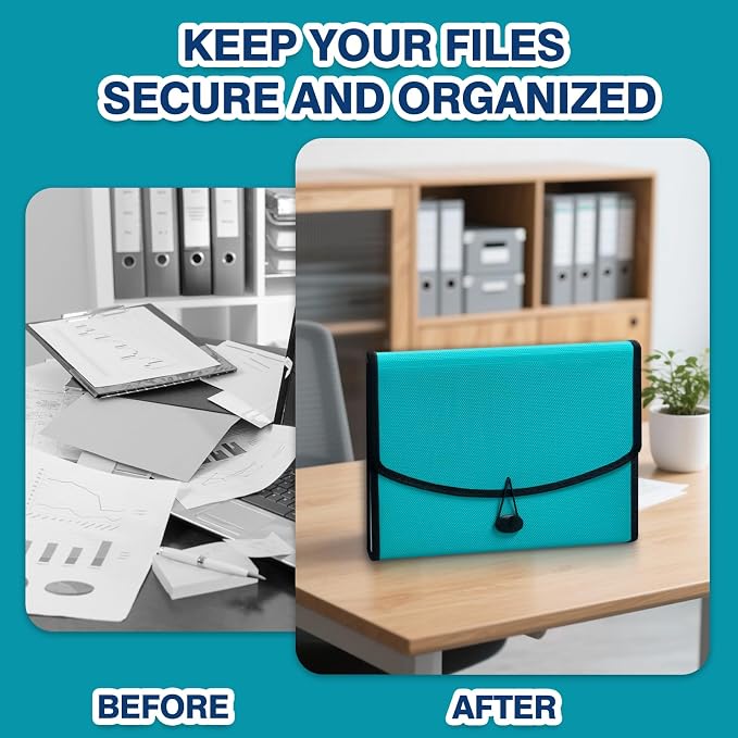 H4D 13-Pocket Accordion File Organizer, Expanding File Folder, Teal | Extra Back Mesh Pocket, Letter Size Paper, Pre-Printed and Customizable Labels, Expandable Document Organizer