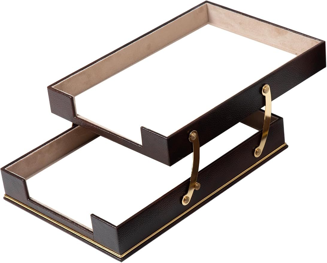 Cloud Luxury Leather Desk Set – 10 Piece Executive Desk Organizer with Desk Pad, Double Document Tray, Pen Holder, Memo Holder, Business Card Holder & Phone Stand – Gold Office Accessories (Brown)