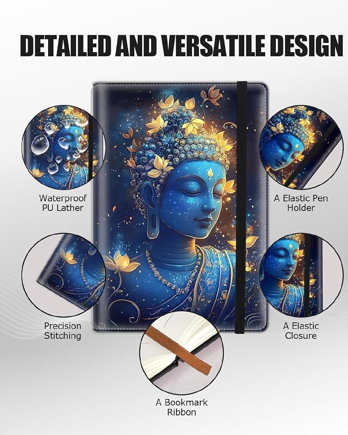 Hardcover Executive Notebooks, A5 PU Leather Lined Journal Notebook, 200 Pages Thick Paper Subject Notebooks for School,Work,Home Writing Business Notebook, Diary Book, Blue Buddha Statue