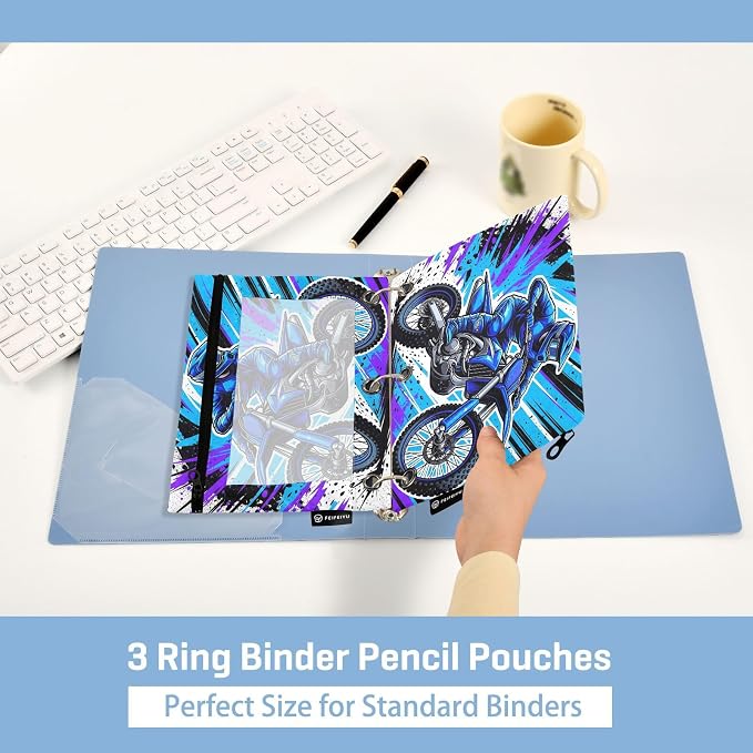 Gredecor 3 Ring Binder Pencil Pouch, Motocross Rider Dirt Bike Zippered Pen Case Pouches with Clear Window, 2 Pack Stylish Office & School Supplie