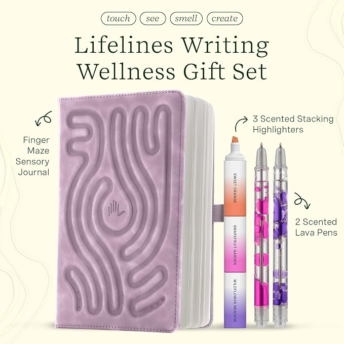 Lifelines Writing Wellness Gift Set - Aromatherapy & Sensory Immersion | Scented Writing Set Includes Finger Maze Sensory Journal, 3 Scented Stacking Highlighters & 2 Lava Gel Pens