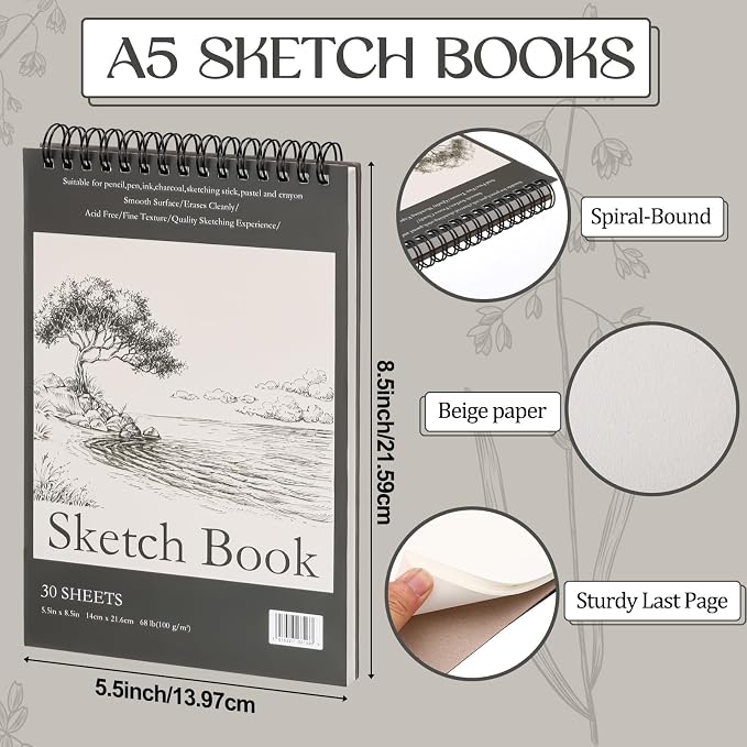 Jexine 20 Pcs 5.5'' x 8.5'' Top Spiral Bound Sketch Book 30 Sheet Each(68lb/100gsm), Sketching Drawing Pad Bulk Artist Sketch Pad Drawing Paper Art Sketchbook for Painting (Tree)