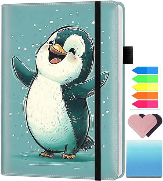 A5 Leather Lined Journal Notebook, 200 Pages Hardcover Executive Notebook for Men Women Office School Note Taking, Thick Writing Paper Daily Journal with Bookmarks/Indexes,Cute Penguin Happy