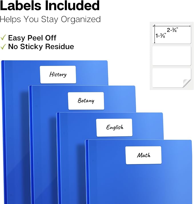 Dunwell Plastic Folders with 3 Prongs, (24 Pack, Blue), 2-Pocket Folders with Fasteners, Durable Acid-Free Poly for Long Term Use, Labels Included