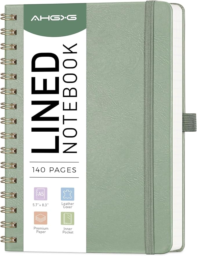 AHGXG Lined Spiral Journal Notebook, 140 Pages, A5 (5.7" x 8.3") | Journals for Women, Hardcover Leather Notebook College Ruled, 100 GSM Paper, for Work School Note Taking (Sage Green)
